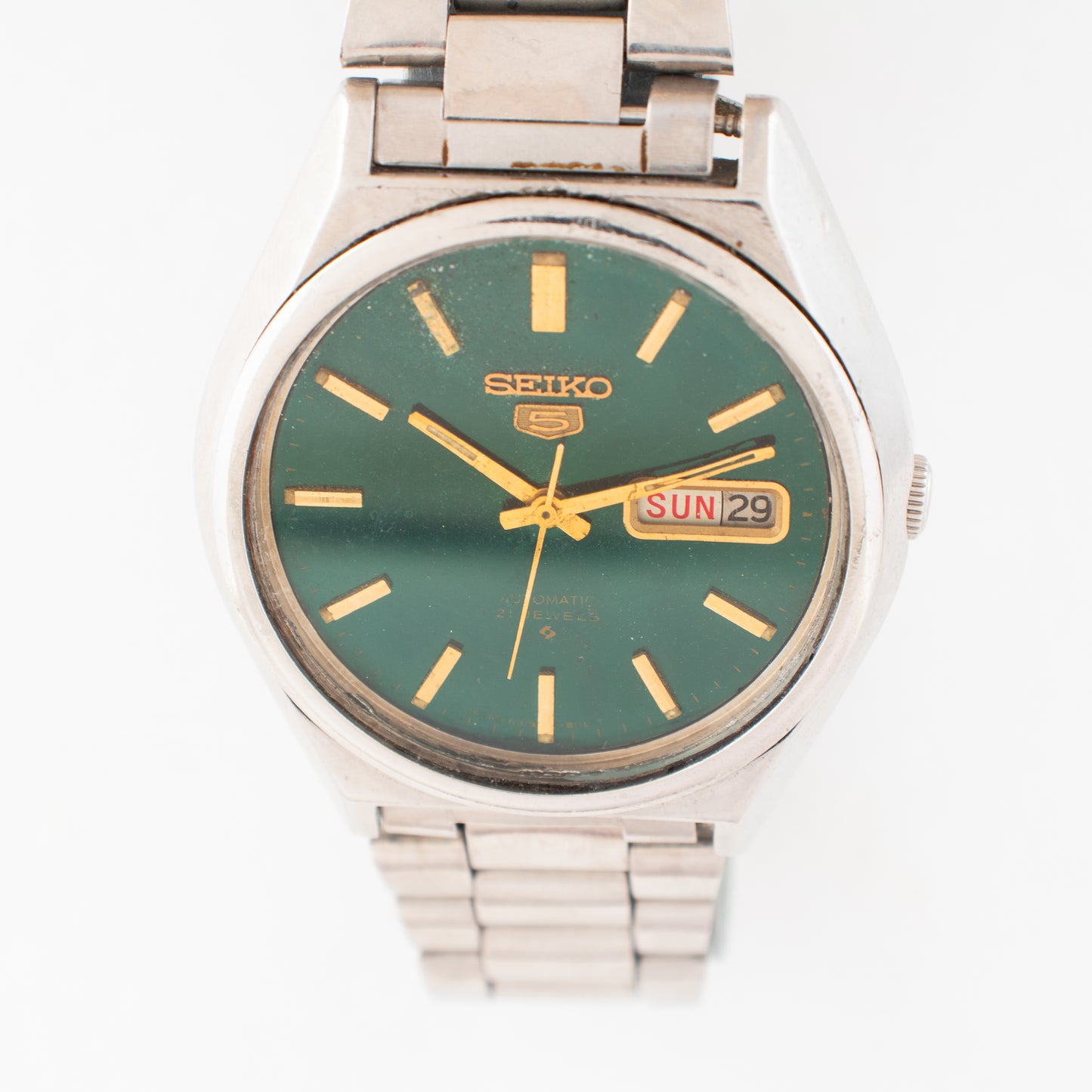 Vintage Seiko 5 Automatic 6319-8120 Green Sunburst Dial Arabic/English Day Watch