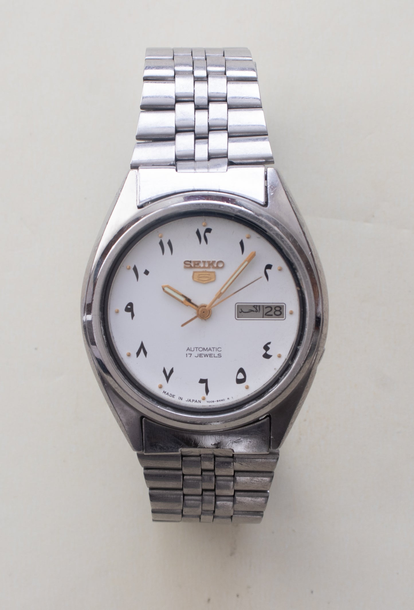Vintage Seiko 5 Automatic 7009-3181 Rare Arabic Hindu Numerals White Dial Watch
