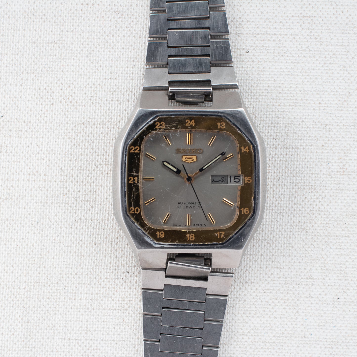 Vintage Seiko 5 Automatic 7019-520B Unique 24-Hour Bezel Grey Dial 1985 Watch
