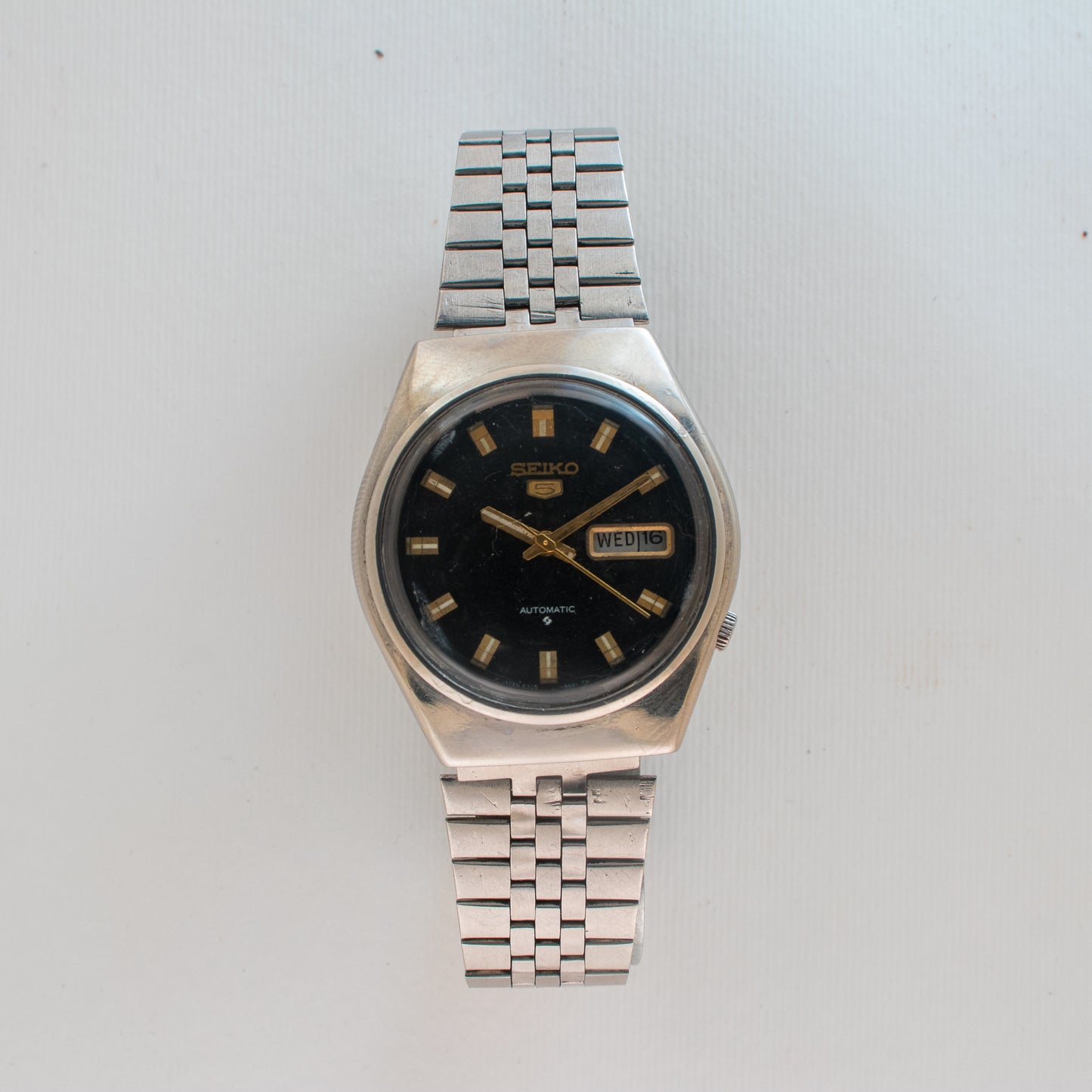 Vintage Seiko 5 Automatic Black Dial Arabic/English Day 6309-8210 Gold Accents