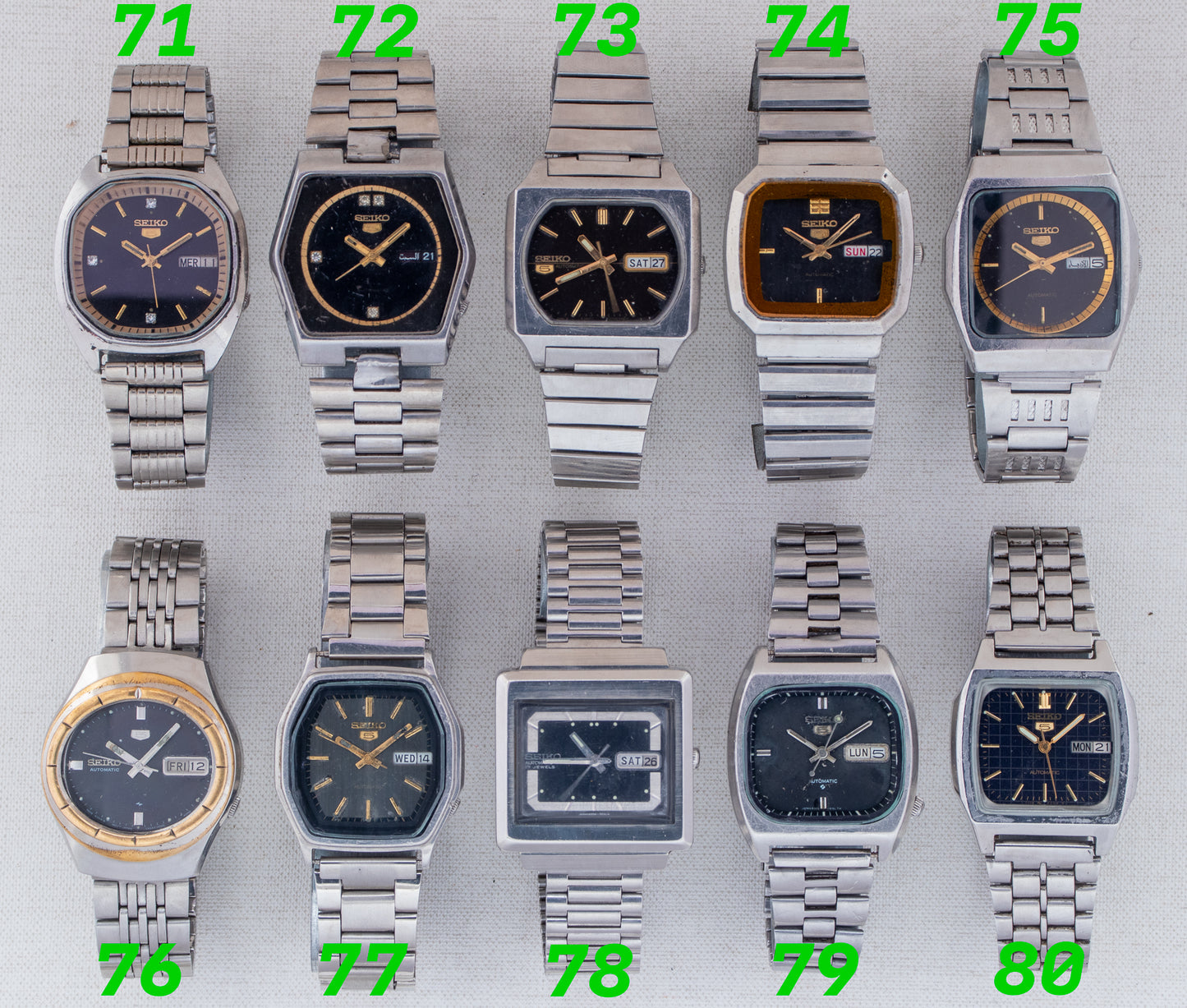 Vintage Seiko 5 Black Dials | TV & Geometric Cases | Refs: 7009-521A, 6309-6070, 6309-5510, 6309-525J, 6309-6200, 7009-5250, 6309-584A, 6309-5030, 6309-5120, 7009-5860