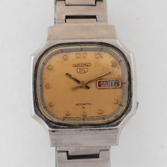 Vintage Seiko 5 Automatic Hexagonal Case 7009-529B Champagne Patina Dial Watch