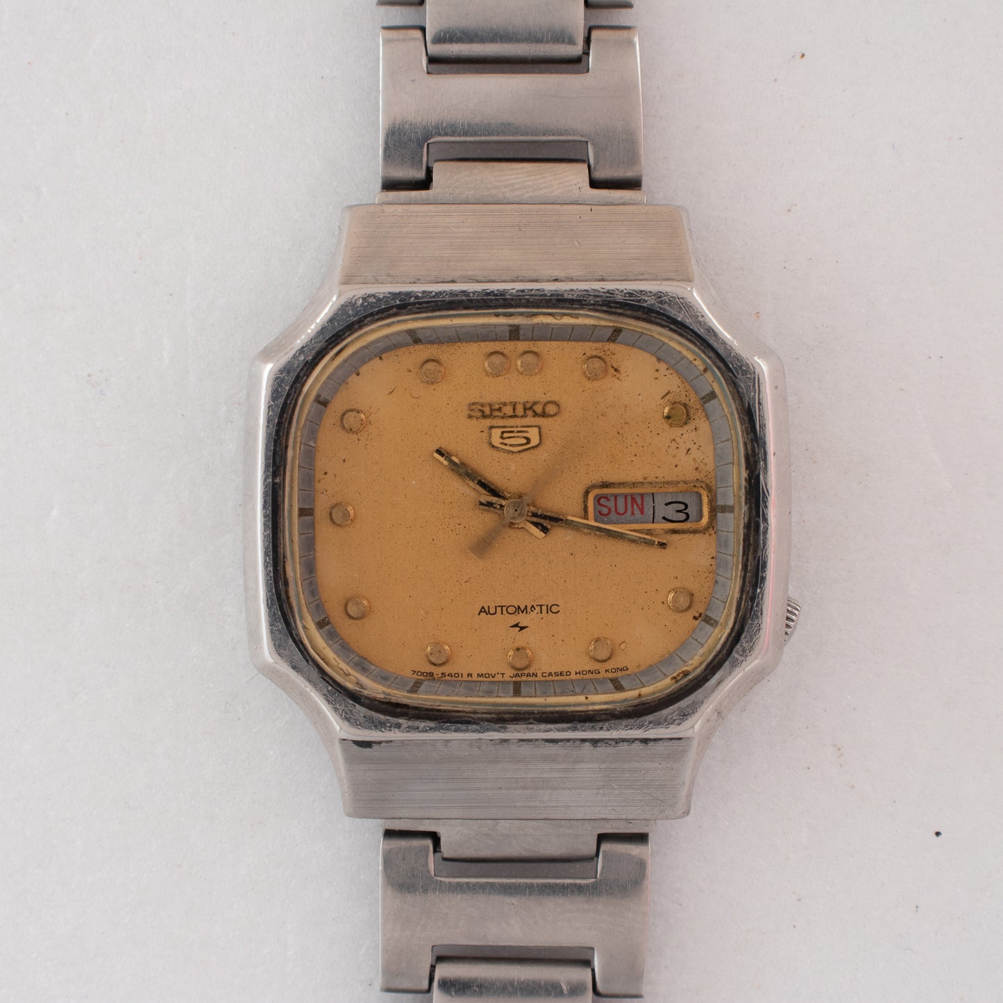 Vintage Seiko 5 Automatic Hexagonal Case 7009-529B Champagne Patina Dial Watch