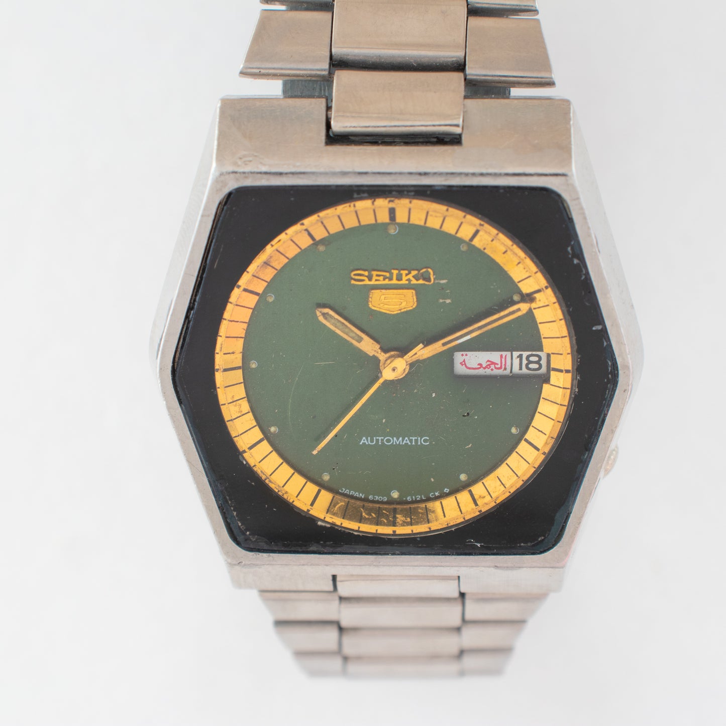 Vintage Seiko 5 Automatic Men's Watch 6309-610A Hexagonal Green Dial Arabic Day