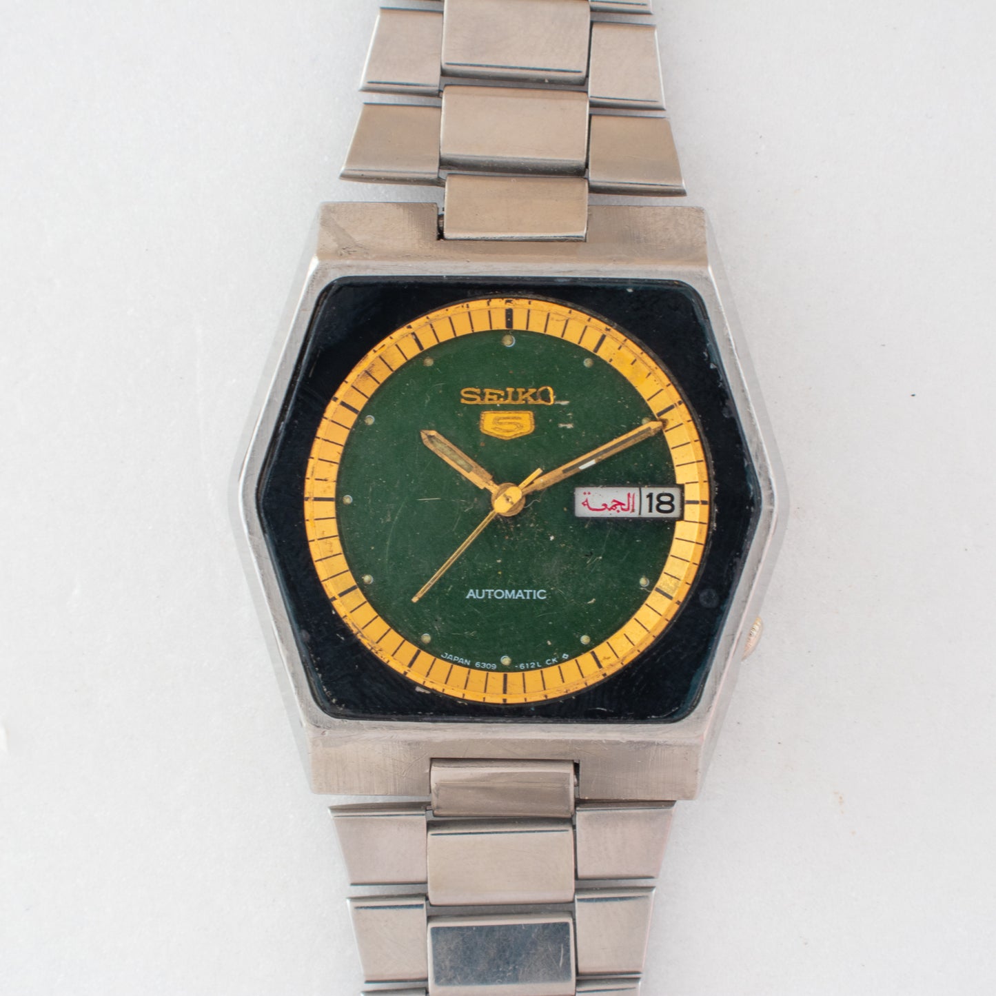 Vintage Seiko 5 Automatic Men's Watch 6309-610A Hexagonal Green Dial Arabic Day