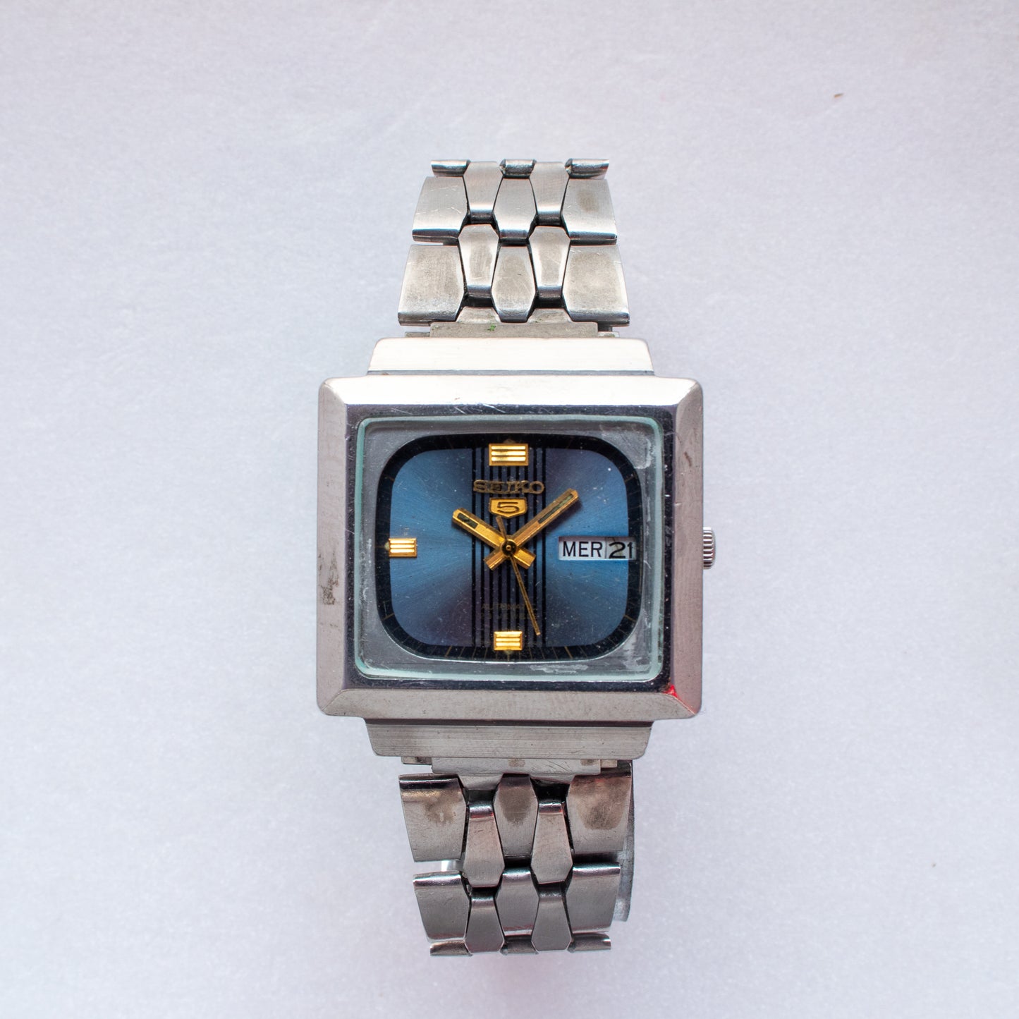 Vintage Seiko 5 Automatic TV Case  6349-5020 Blue Striped Dial 23J Men's Watch