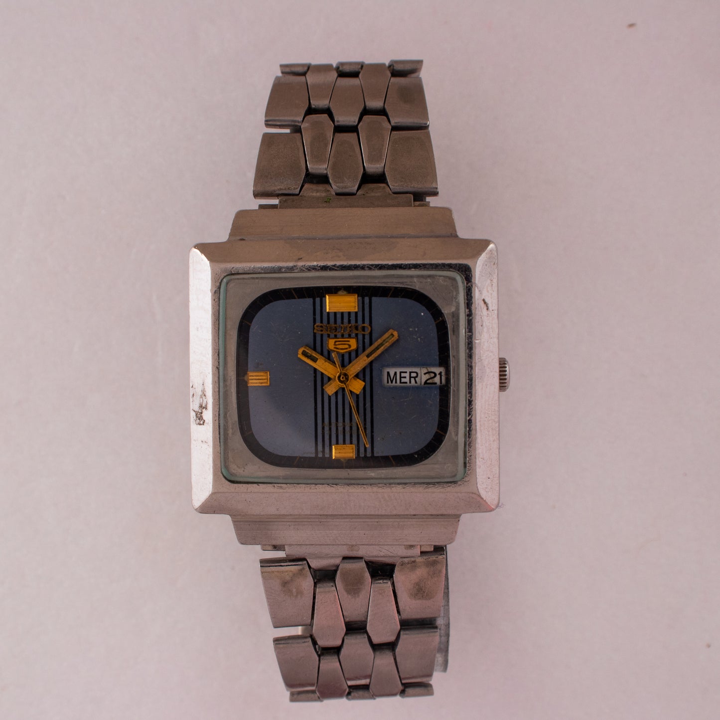 Vintage Seiko 5 Automatic TV Case  6349-5020 Blue Striped Dial 23J Men's Watch