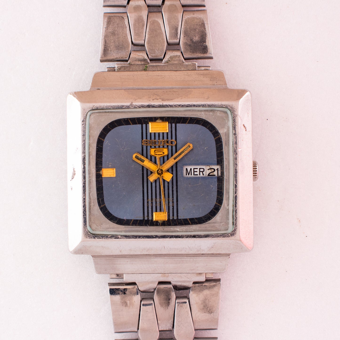 Vintage Seiko 5 Automatic TV Case  6349-5020 Blue Striped Dial 23J Men's Watch