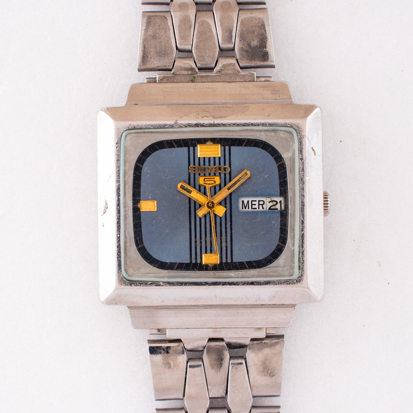 Vintage Seiko 5 Automatic TV Case  6349-5020 Blue Striped Dial 23J Men's Watch
