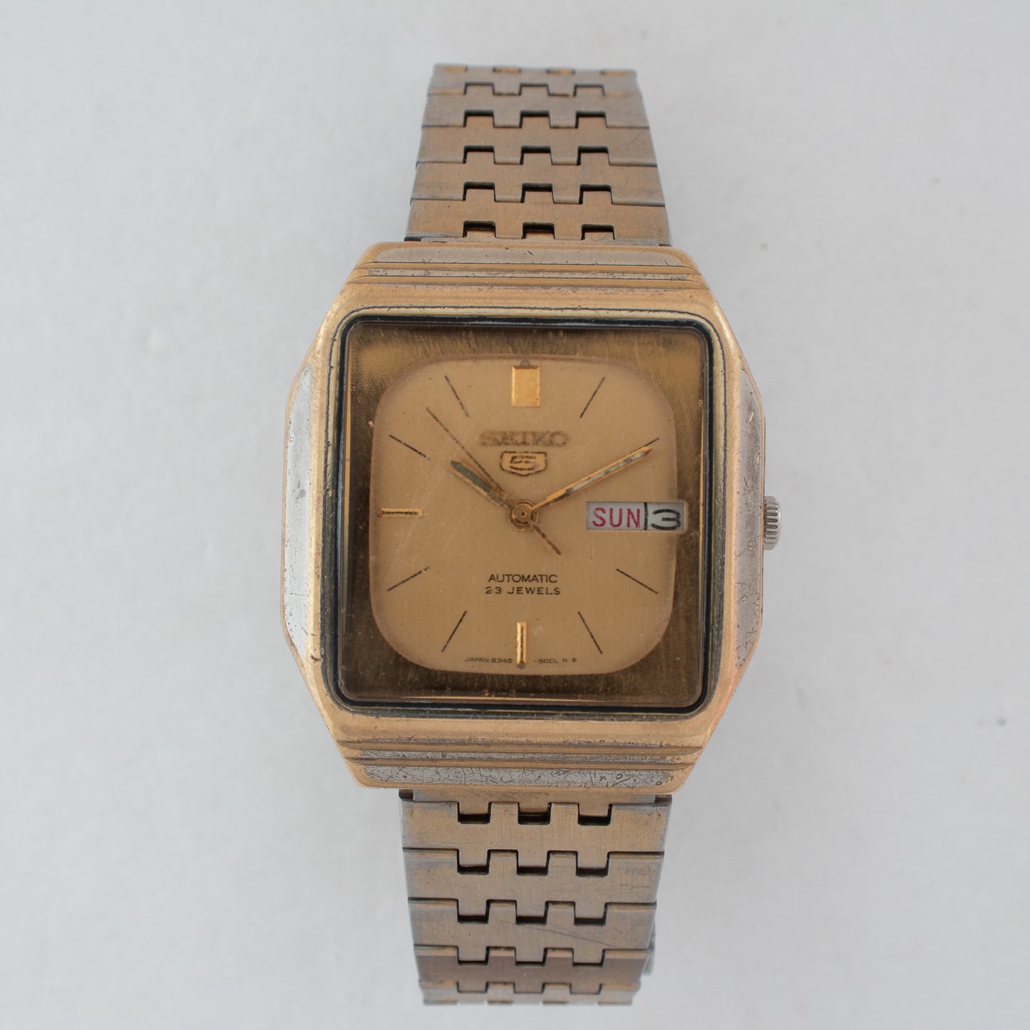 Vintage Seiko 5 Automatic TV Case 6349-5000 Gold Dial 23J Day/Date Watch 1982