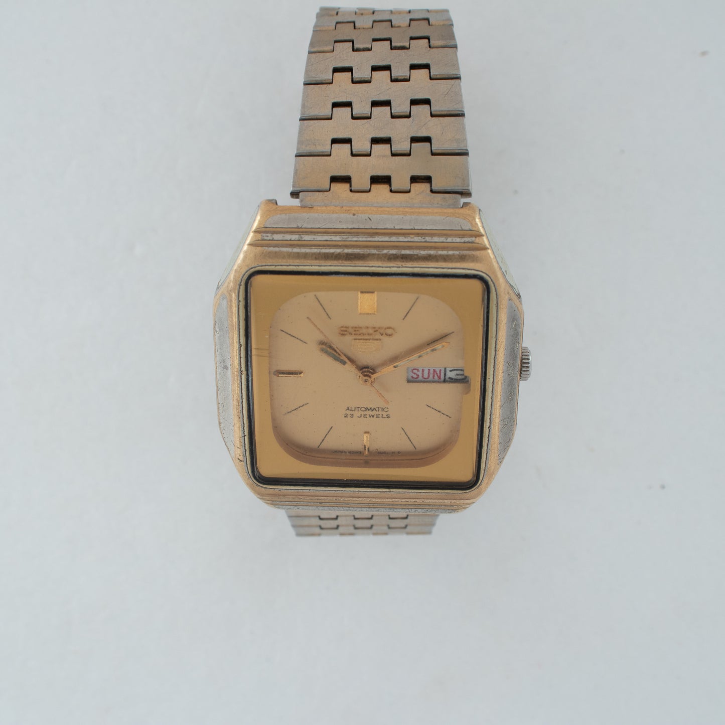 Vintage Seiko 5 Automatic TV Case 6349-5000 Gold Dial 23J Day/Date Watch 1982