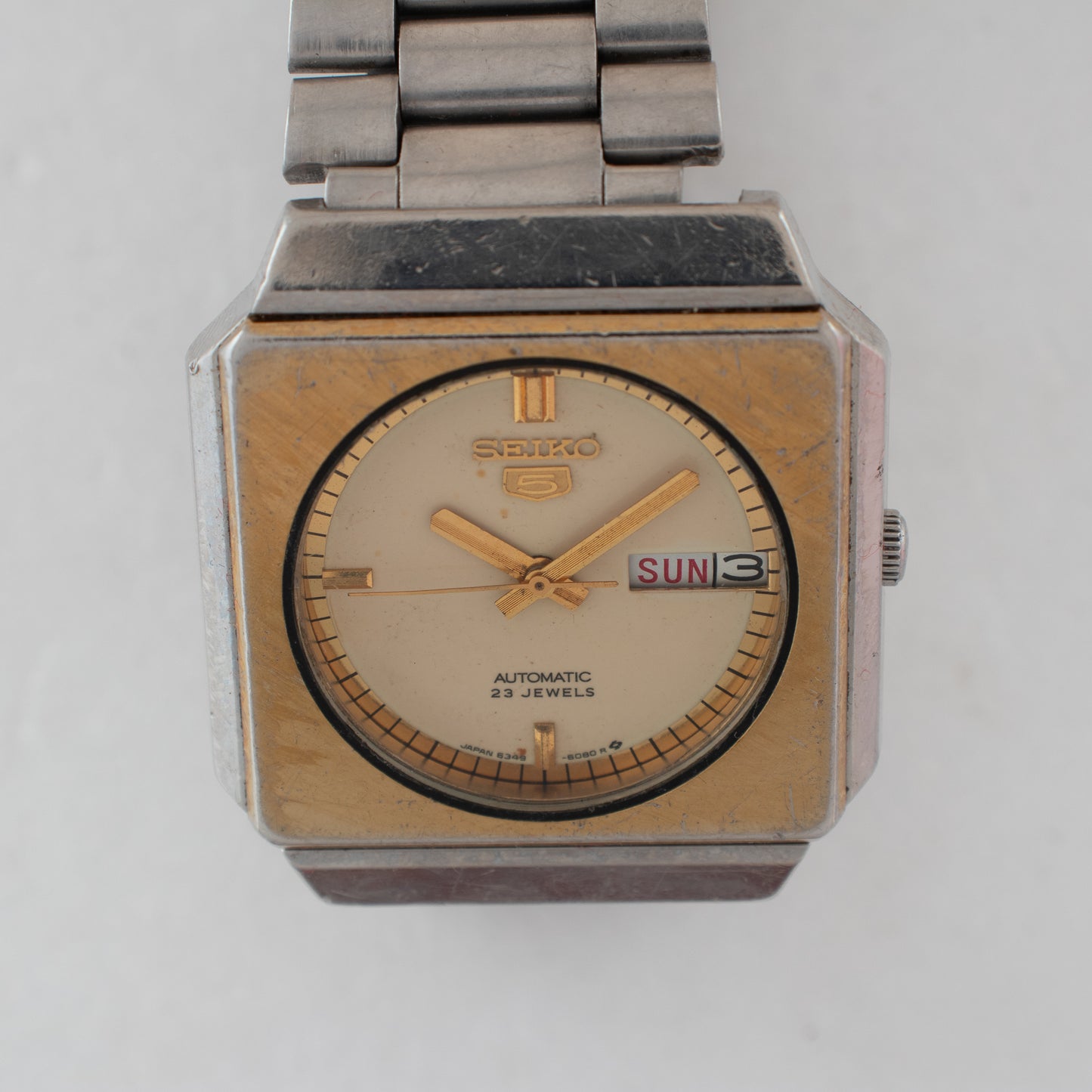 Vintage Seiko 5 Automatic TV Case 6349-6050 Cream Dial Watch 1984 Bilingual Days