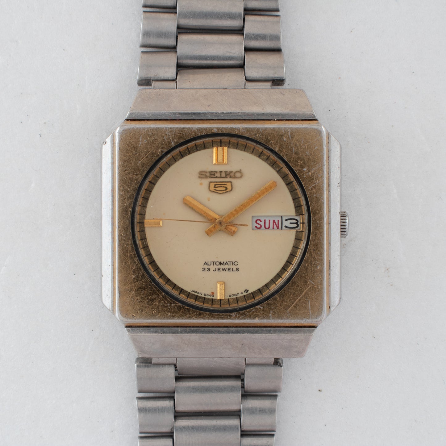 Vintage Seiko 5 Automatic TV Case 6349-6050 Cream Dial Watch 1984 Bilingual Days