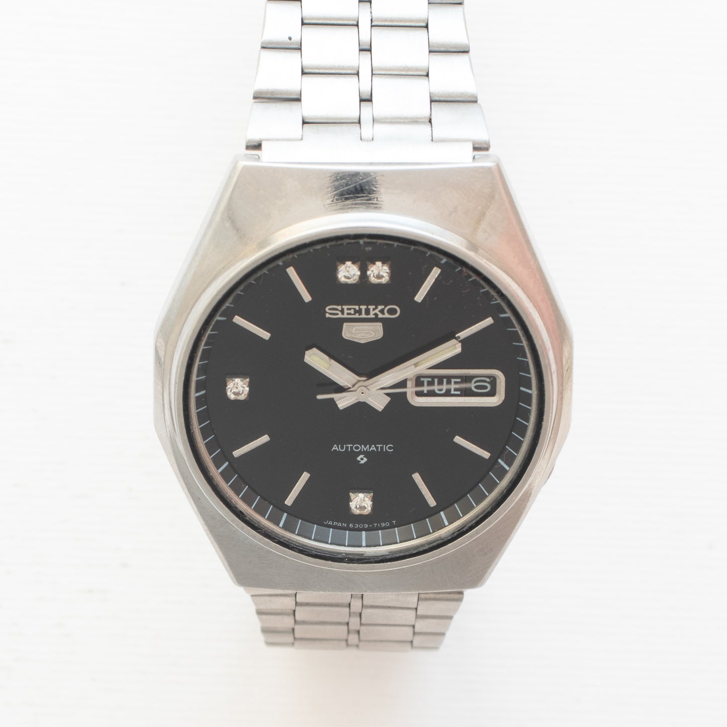 Vintage Seiko 5 Automatic Watch 6309-720C Black Dial Rhinestone Indices 17J