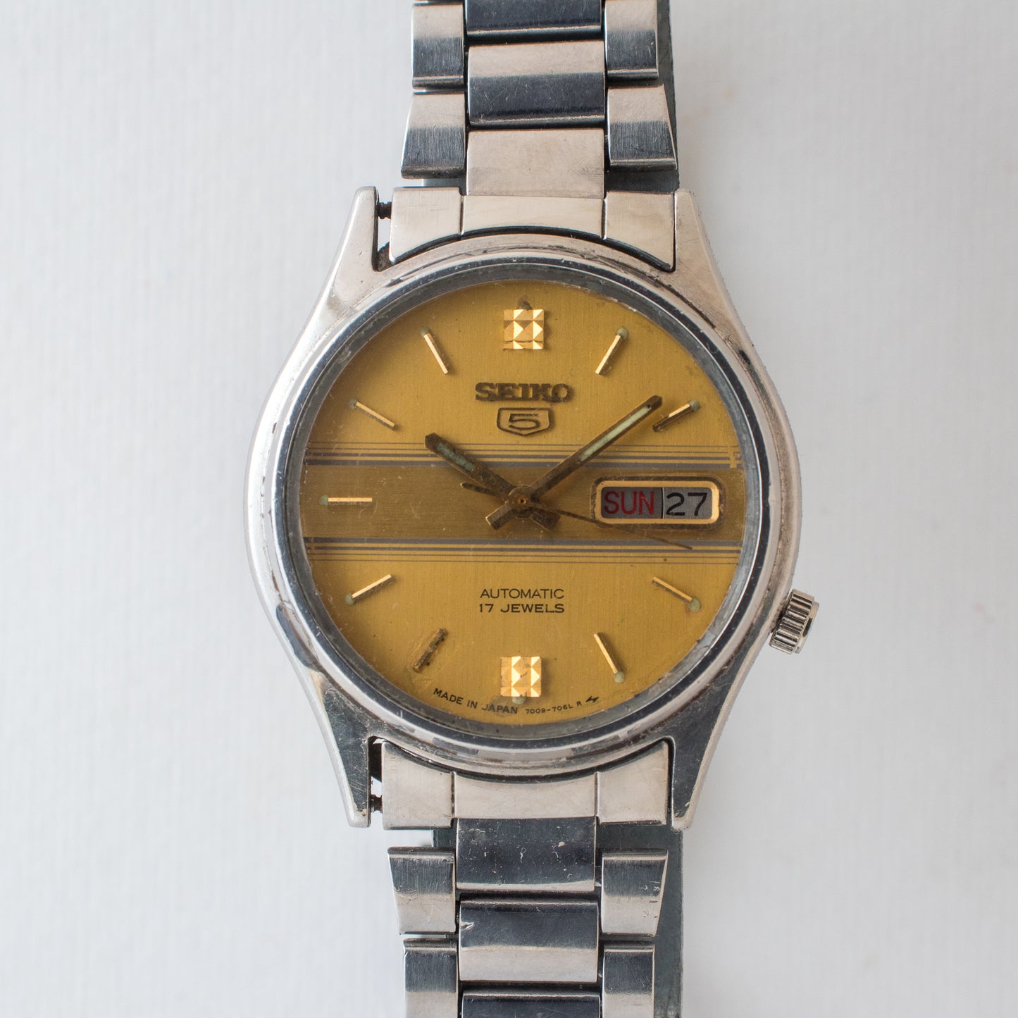 Vintage Seiko 5 Automatic Watch 7009-7031, Unique Yellow Striped Dial, Mint
