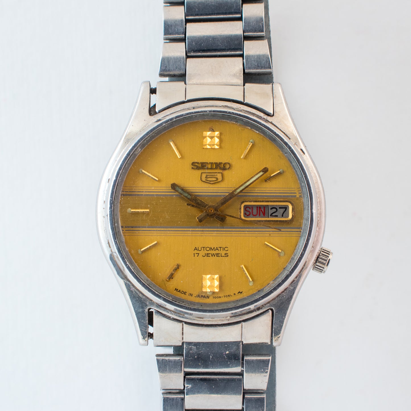 Vintage Seiko 5 Automatic Watch 7009-7031, Unique Yellow Striped Dial, Mint